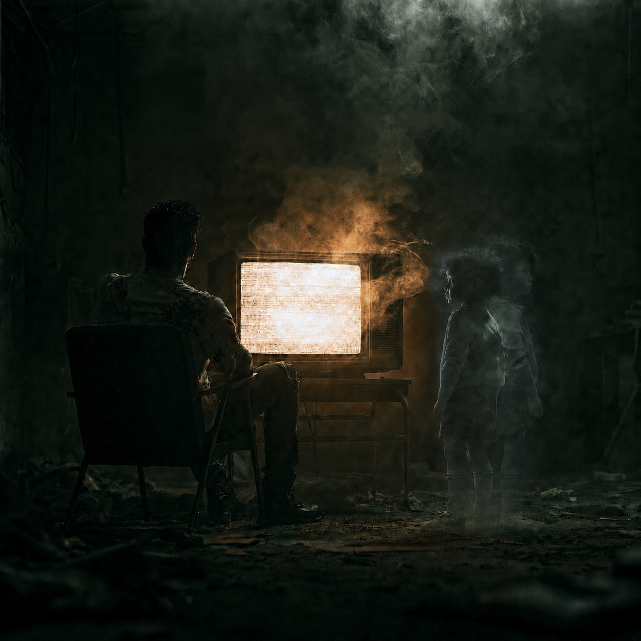 A man sits with his back turned in a ruined room, watching an old television that glows with static. The pale ghost of a child — his own younger self — stands beside the set in the smoke, watching him with worry.